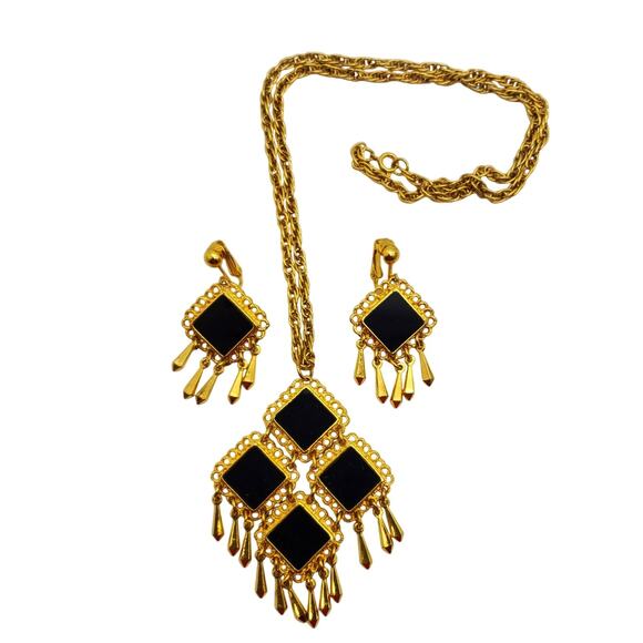 Celebrity Black White Pendant Necklace Clip Earrings Gold Fringe Retro Statement - Picture 3 of 11